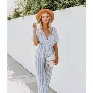 Crystal Sky Deep V Jumpsuit Romper Blue White Stripe Open Back Wide Leg XS Sz 3